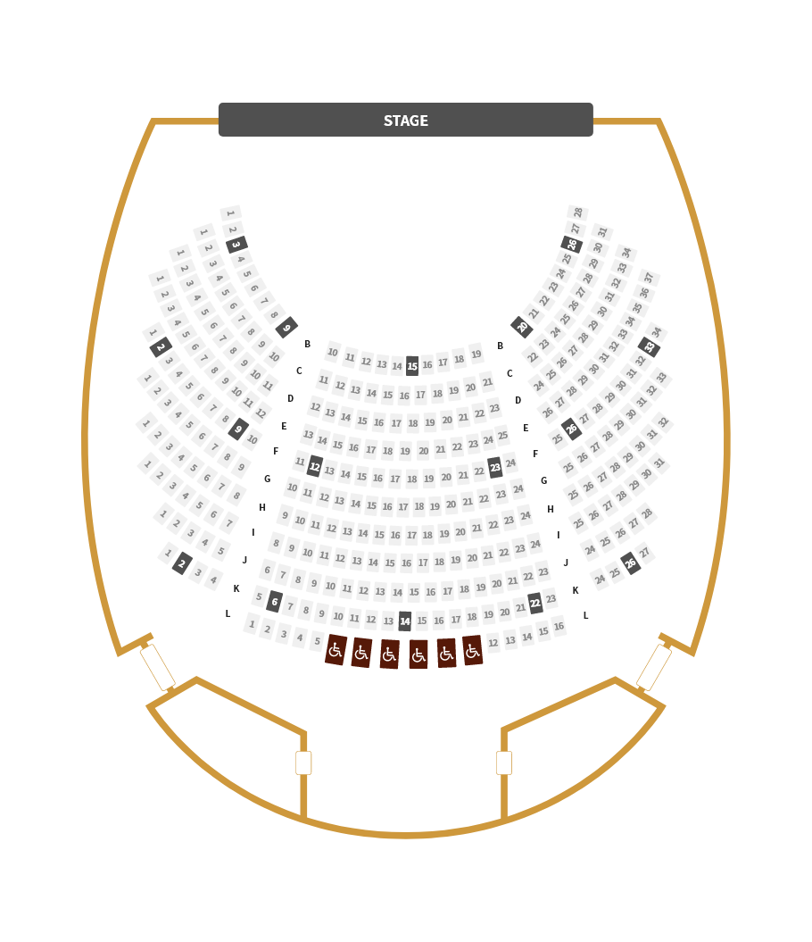 원화홀 휠체어 배치도 STAGE 오케스트라석 (장애인 구역 T-5, T-6, T-7, T-8, T-9, T-10, T-11, T-24, T-25, T-26, T-27, T-28, T-29, T-30)